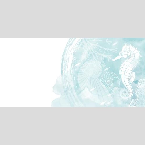 marine theme postcard with seahorse, nautiluses, fish, coral, blue watercolor fragment and place for text on white